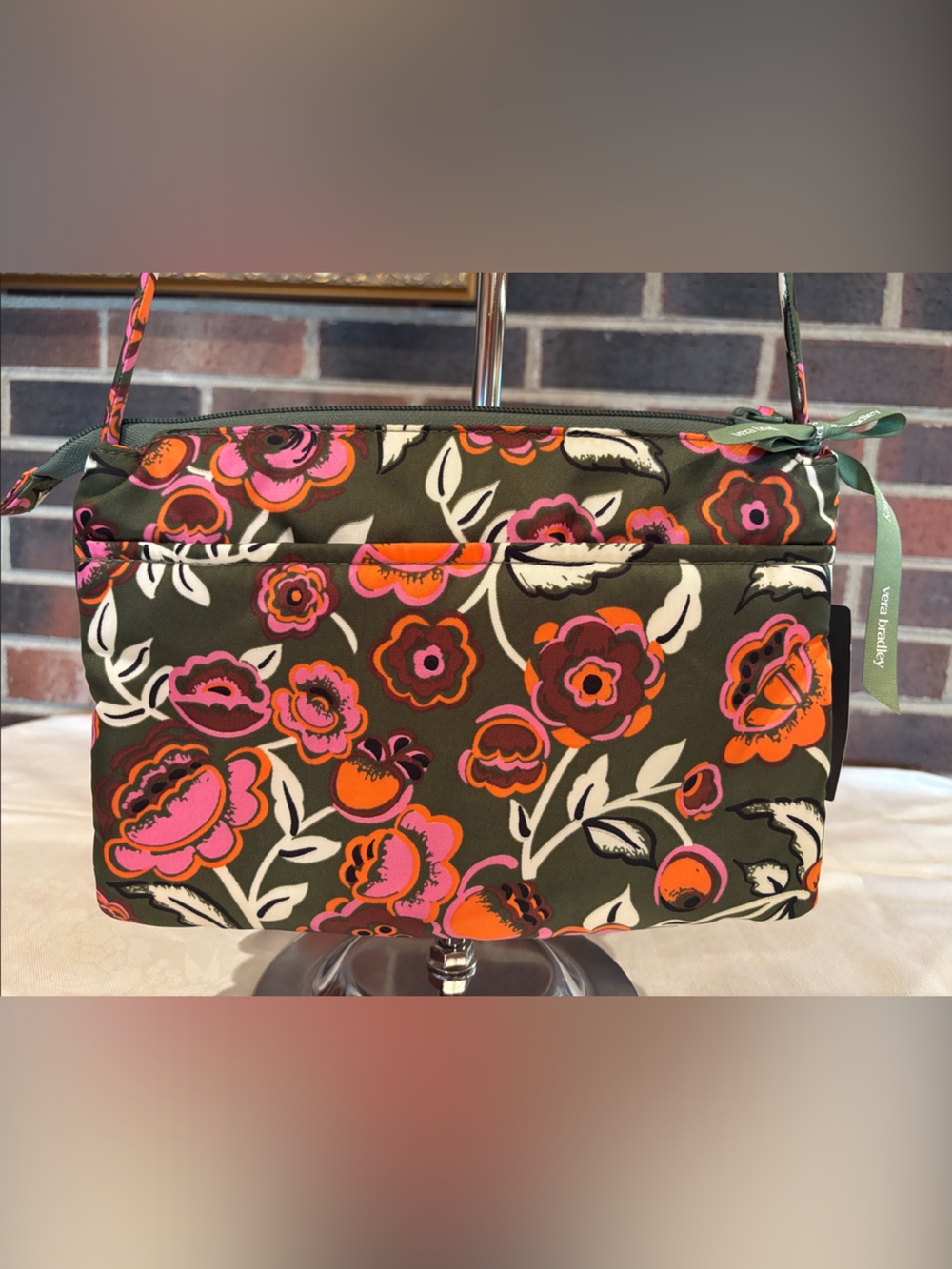 Vera Bradley Foxbury Crossbody Bubbly Flowers Green with Pink & Orange Flowers